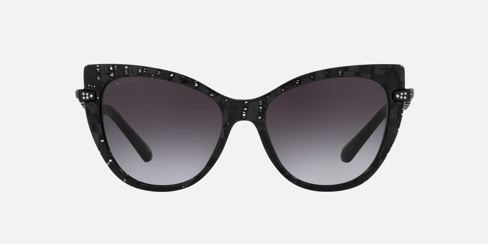 Bvlgari BV8236B 54128G cat-eye sunglasses for women in full rim plastic, with bvlgari black mamba frame, and grey gradient lenses. 55mm in lens size, 17mm in bridge size, and 140mm in temple length.