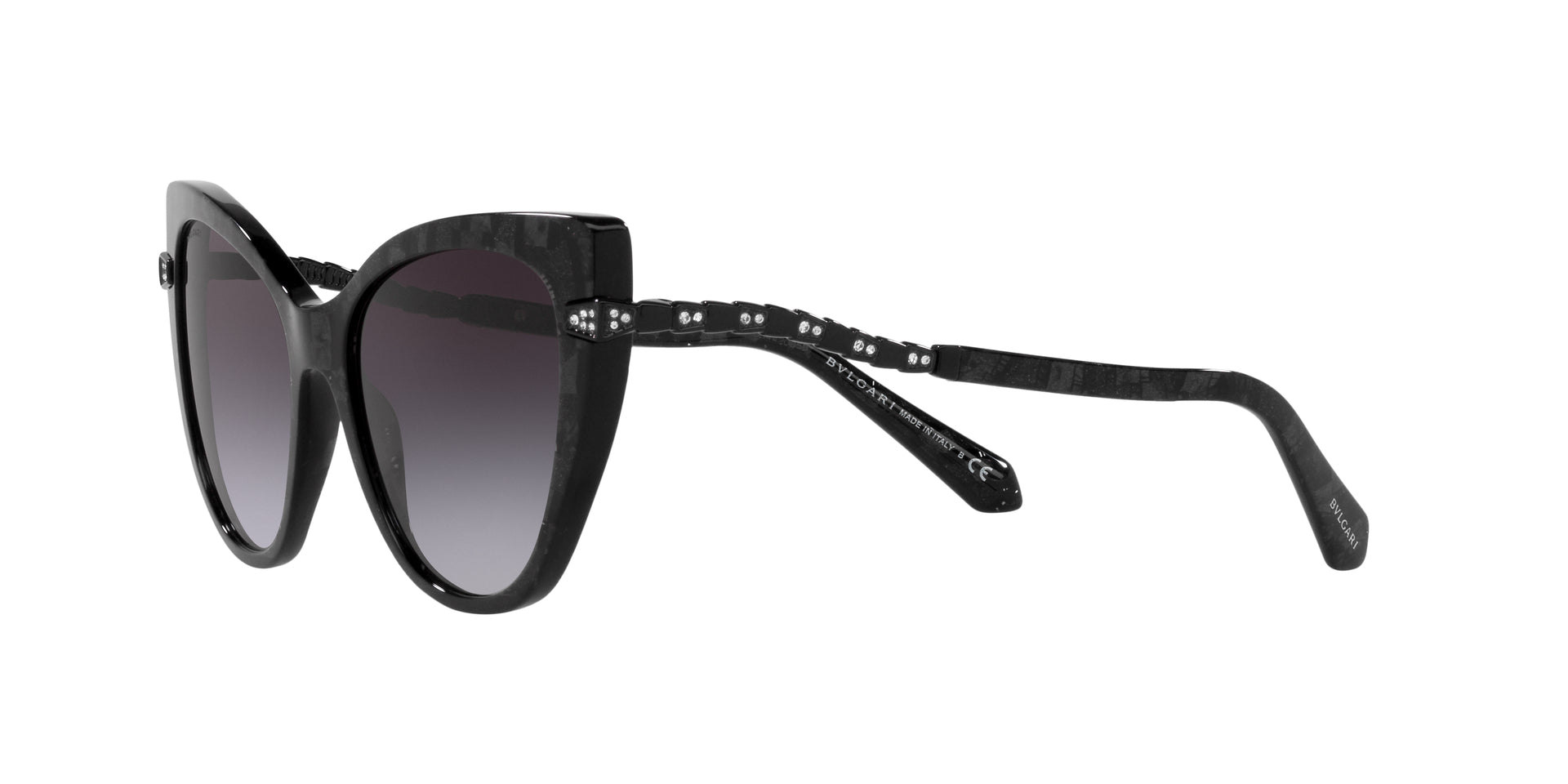 Bvlgari BV8236B 54128G cat-eye sunglasses for women in full rim plastic, with bvlgari black mamba frame, and grey gradient lenses. 55mm in lens size, 17mm in bridge size, and 140mm in temple length.