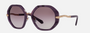 Bvlgari BV8242B 55178H irregular sunglasses for women in full rim plastic, with marbled amethyst frame, and violet gradient lenses. 55mm in lens size, 21mm in bridge size, and 140mm in temple length.