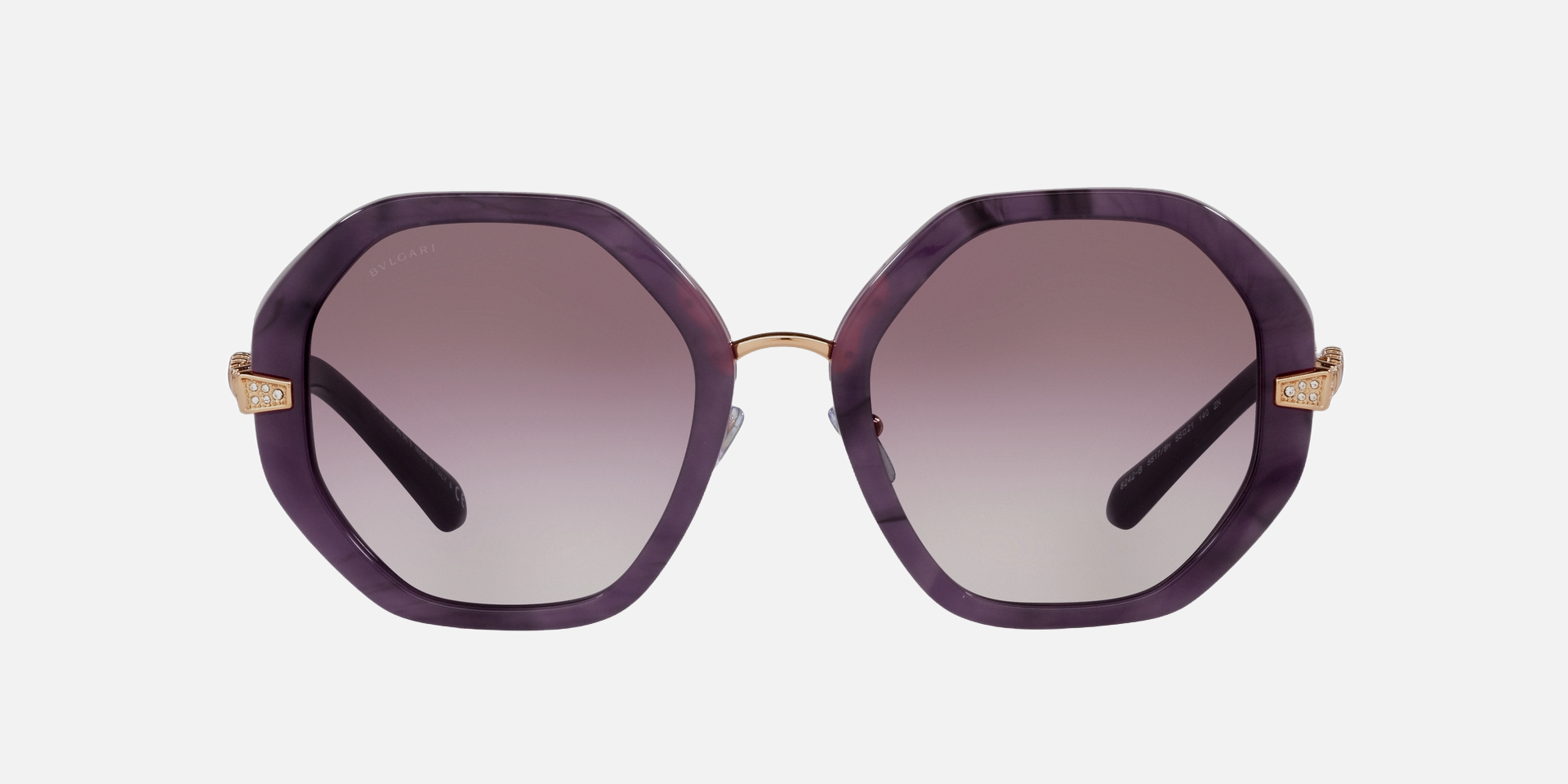 Bvlgari BV8242B 55178H irregular sunglasses for women in full rim plastic, with marbled amethyst frame, and violet gradient lenses. 55mm in lens size, 21mm in bridge size, and 140mm in temple length.