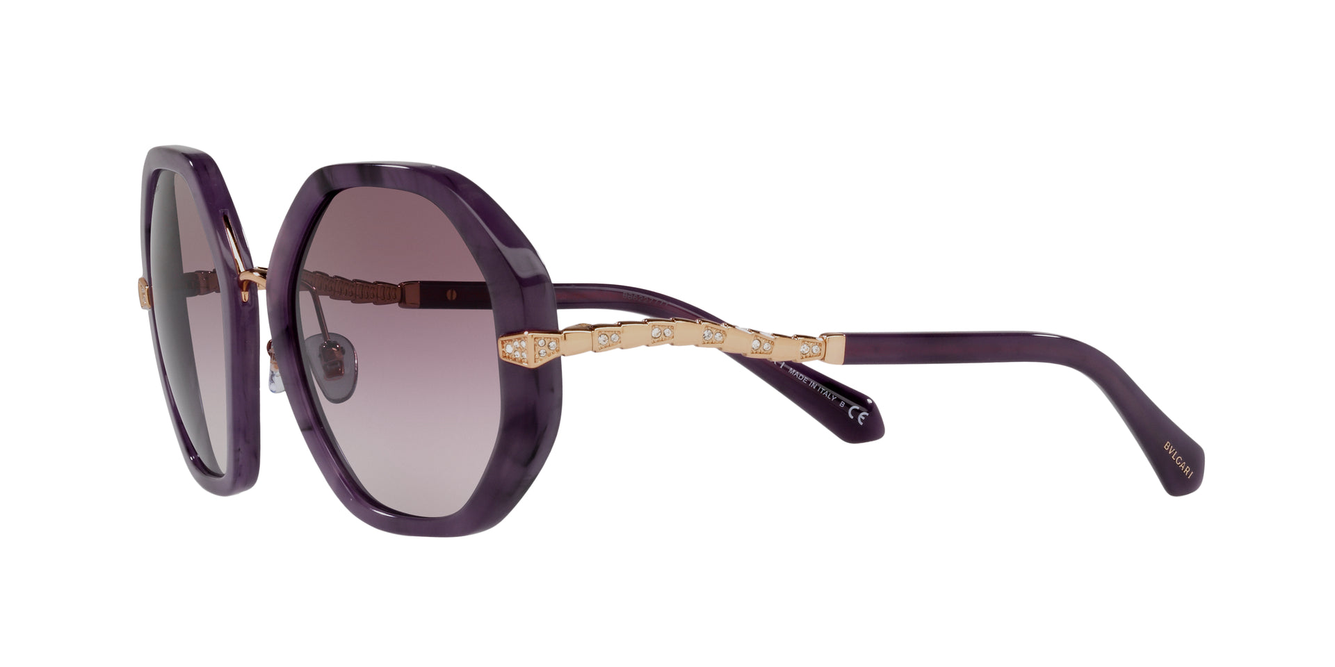 Bvlgari BV8242B 55178H irregular sunglasses for women in full rim plastic, with marbled amethyst frame, and violet gradient lenses. 55mm in lens size, 21mm in bridge size, and 140mm in temple length.