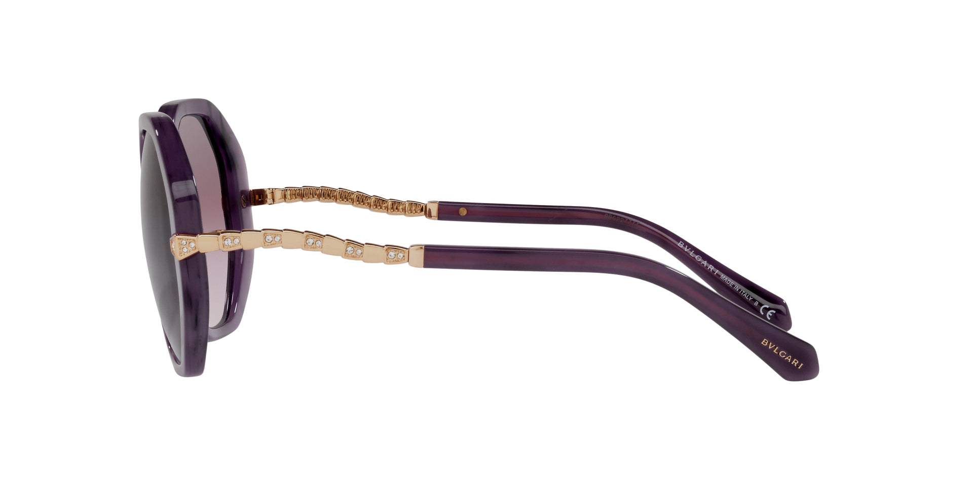 Bvlgari BV8242B 55178H irregular sunglasses for women in full rim plastic, with marbled amethyst frame, and violet gradient lenses. 55mm in lens size, 21mm in bridge size, and 140mm in temple length.