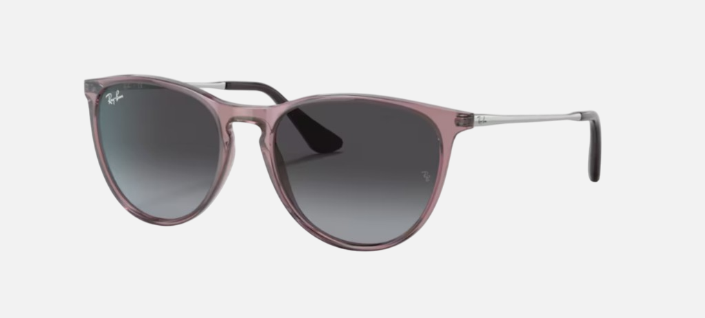 Ray-Ban Junior Erika Kids RJ9060S 71078G phantos sunglasses for kids in full rim injected, with polished transparent violet frame, and grey gradient lenses. 50mm in lens size, 15mm in bridge size, and 130mm in temple length.
