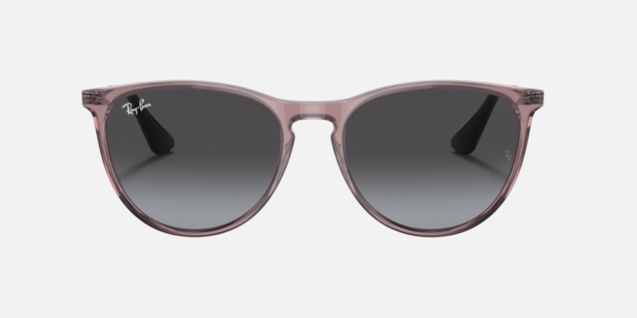 Ray-Ban Junior Erika Kids RJ9060S 71078G phantos sunglasses for kids in full rim injected, with polished transparent violet frame, and grey gradient lenses. 50mm in lens size, 15mm in bridge size, and 130mm in temple length.