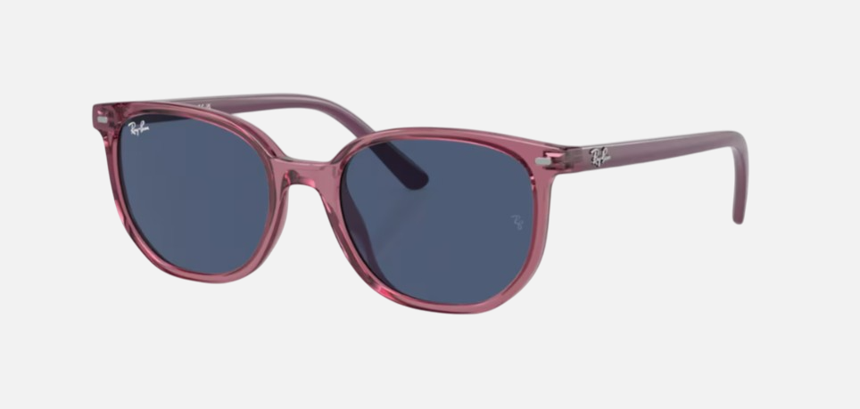 Ray-Ban Junior Elliot Kids RJ9097S 711280 irregular sunglasses for kids in full rim nylon, with transparent pink frame, and dark blue lenses. 46mm in lens size, 16mm in bridge size, and 130mm in temple length.