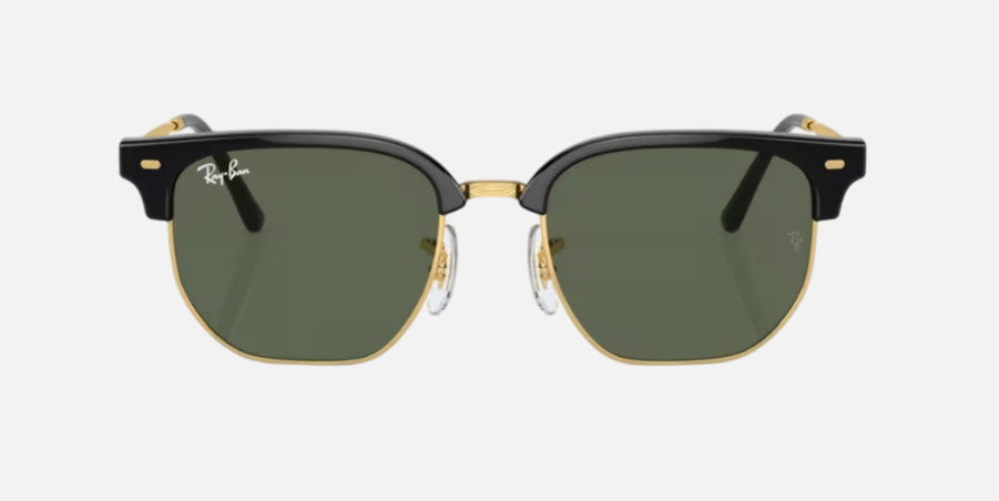 Ray-Ban Junior New Clubmaster RJ9116S 100/71 irregular sunglasses for kids in full rim injected, with polished black on gold frame, and dark green lenses. 47mm in lens size, 17mm in bridge size, and 125mm in temple length.