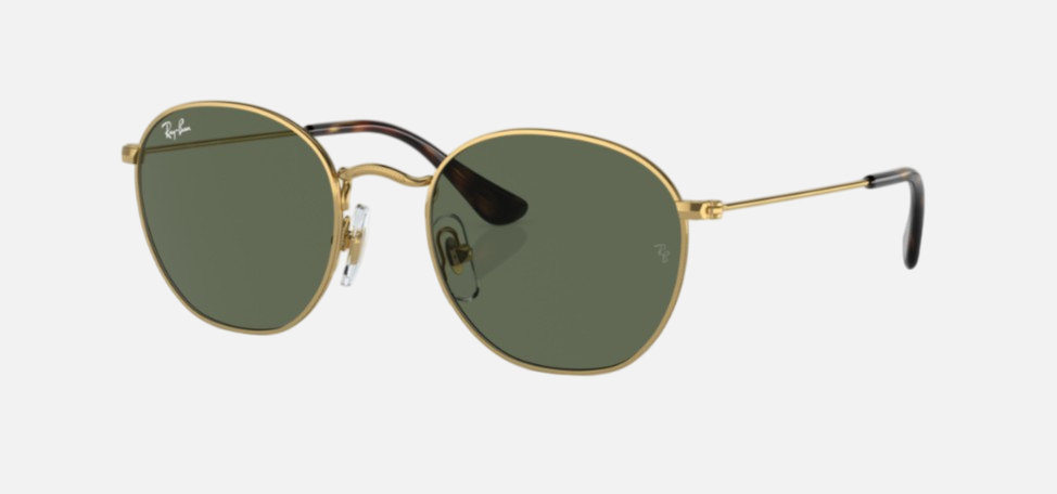 Ray-Ban Junior Rob Kids RJ9572S 223/71 irregular sunglasses for kids in full rim metal, with polished arista gold frame, and green lenses. 48mm in lens size, 19mm in bridge size, and 130mm in temple length.