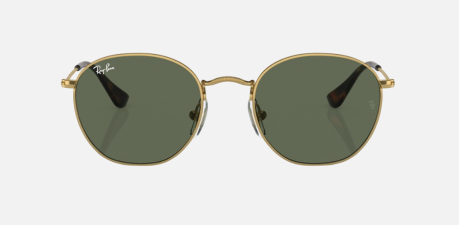 Ray-Ban Junior Rob Kids RJ9572S 223/71 irregular sunglasses for kids in full rim metal, with polished arista gold frame, and green lenses. 48mm in lens size, 19mm in bridge size, and 130mm in temple length.