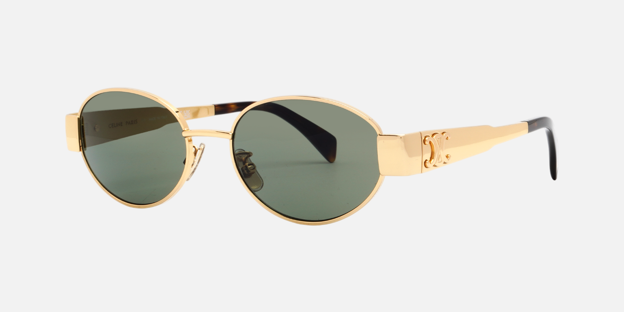 Celine Triomphe Metal 01 CL40235U 30N oval sunglasses for women in full rim metal, with gold frame, and green lenses. 54mm in lens size, 18mm in bridge size, and 135mm in temple length.
