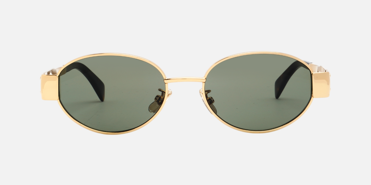 Celine Triomphe Metal 01 CL40235U 30N oval sunglasses for women in full rim metal, with gold frame, and green lenses. 54mm in lens size, 18mm in bridge size, and 135mm in temple length.