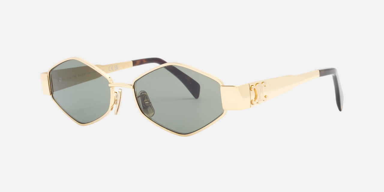 Celine Triomphe Metal 02 CL40254U 30N hexagonal sunglasses for women in full rim metal, with gold frame, and green lenses. 54mm in lens size, 16mm in bridge size, and 135mm in temple length.