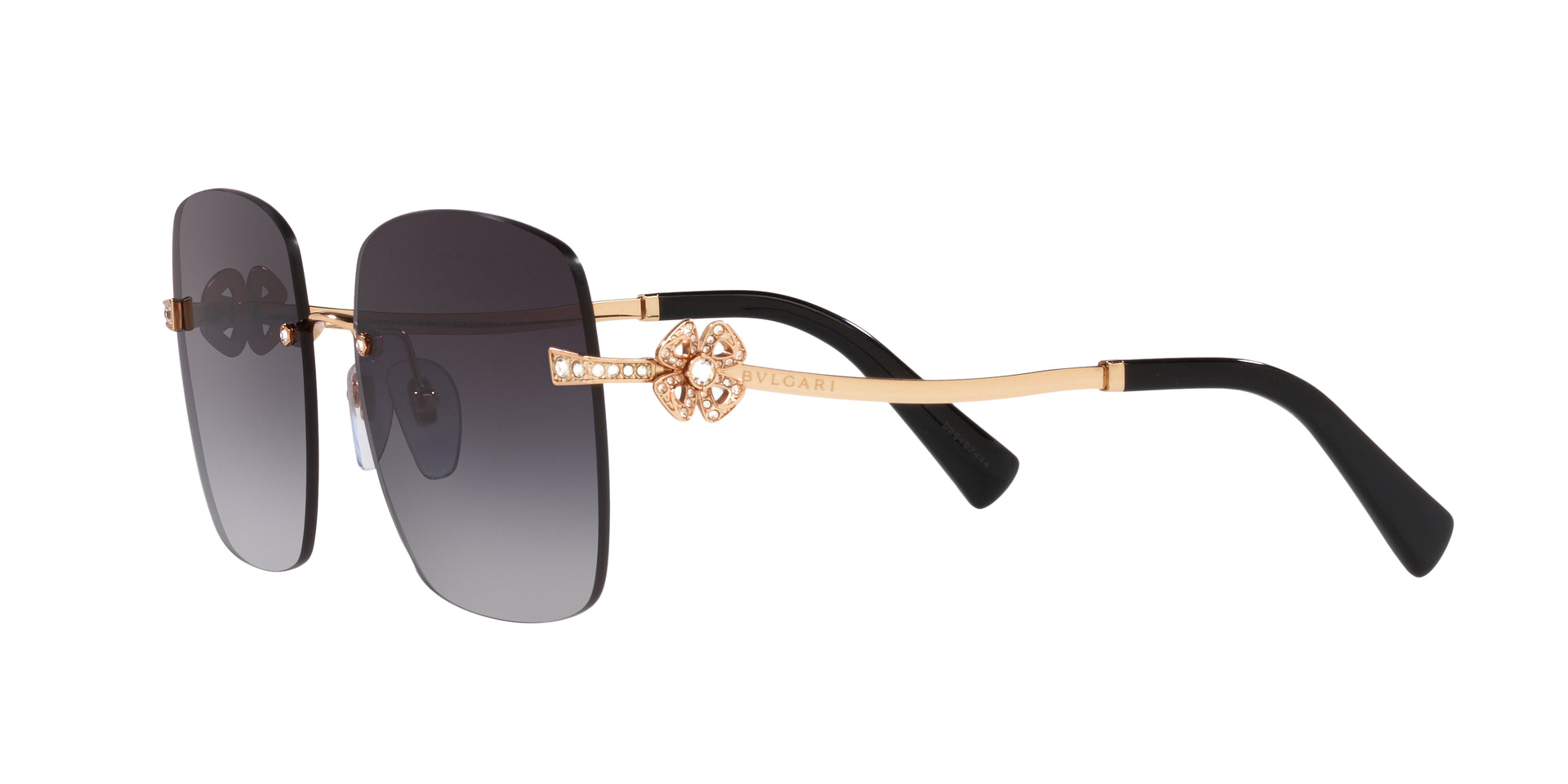 Bvlgari BV6173B 20148G square sunglasses for women in rimless metal, with pink gold frame, and grey gradient lenses. 58mm in lens size, 17mm in bridge size, and 140mm in temple length.