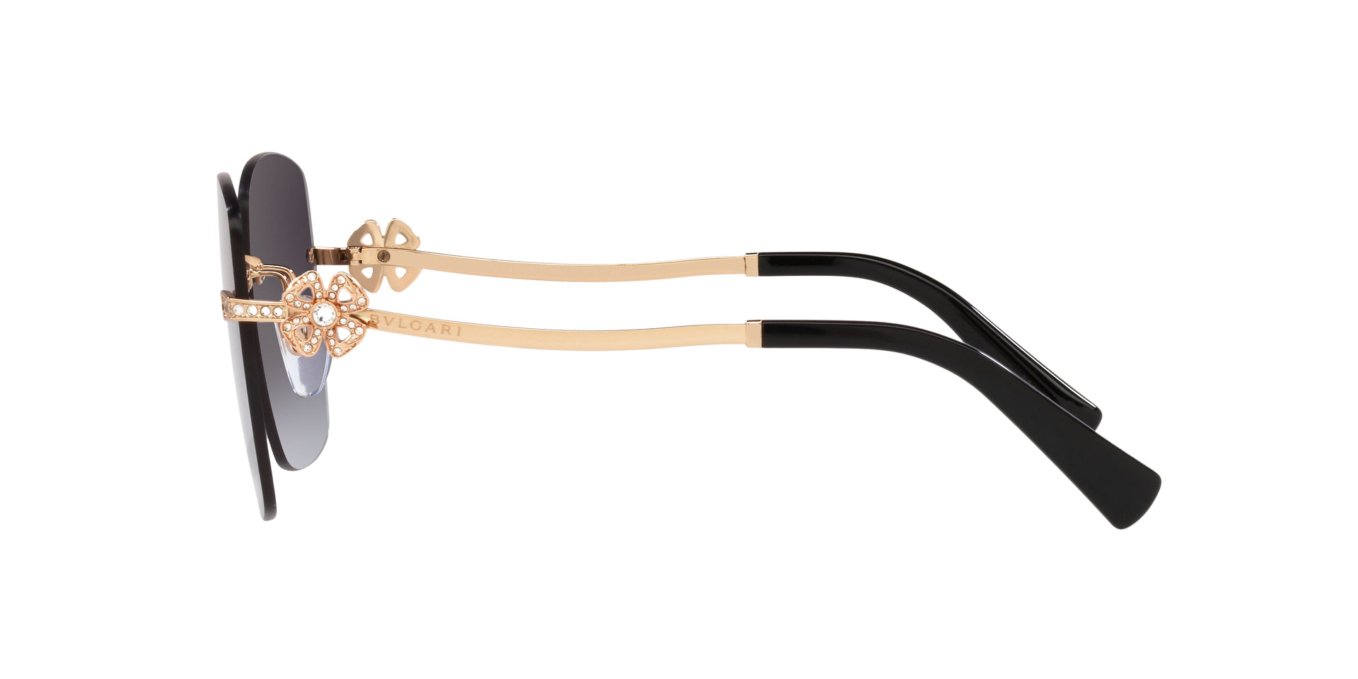 Bvlgari BV6173B 20148G square sunglasses for women in rimless metal, with pink gold frame, and grey gradient lenses. 58mm in lens size, 17mm in bridge size, and 140mm in temple length.