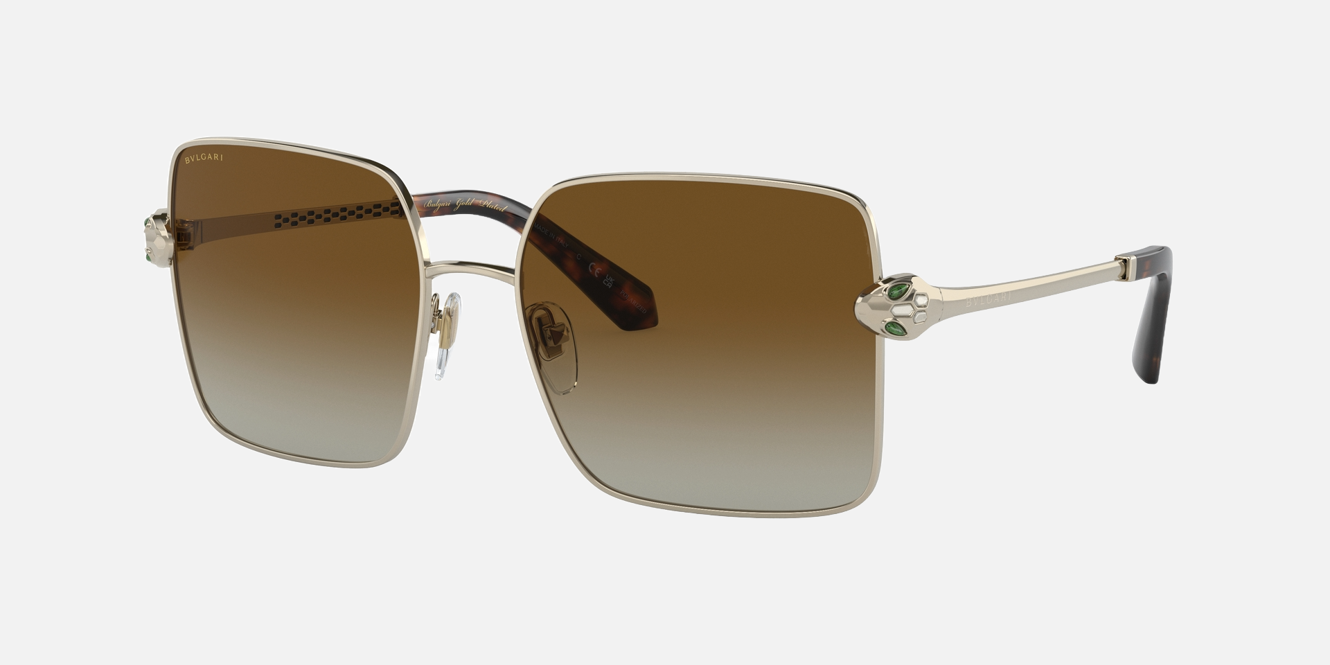 Bvlgari BV6180KB 278/T5 square sunglasses for women in full rim metal, with pale gold plated frame, and brown gradient lenses. 57mm in lens size, 17mm in bridge size, and 140mm in temple length.