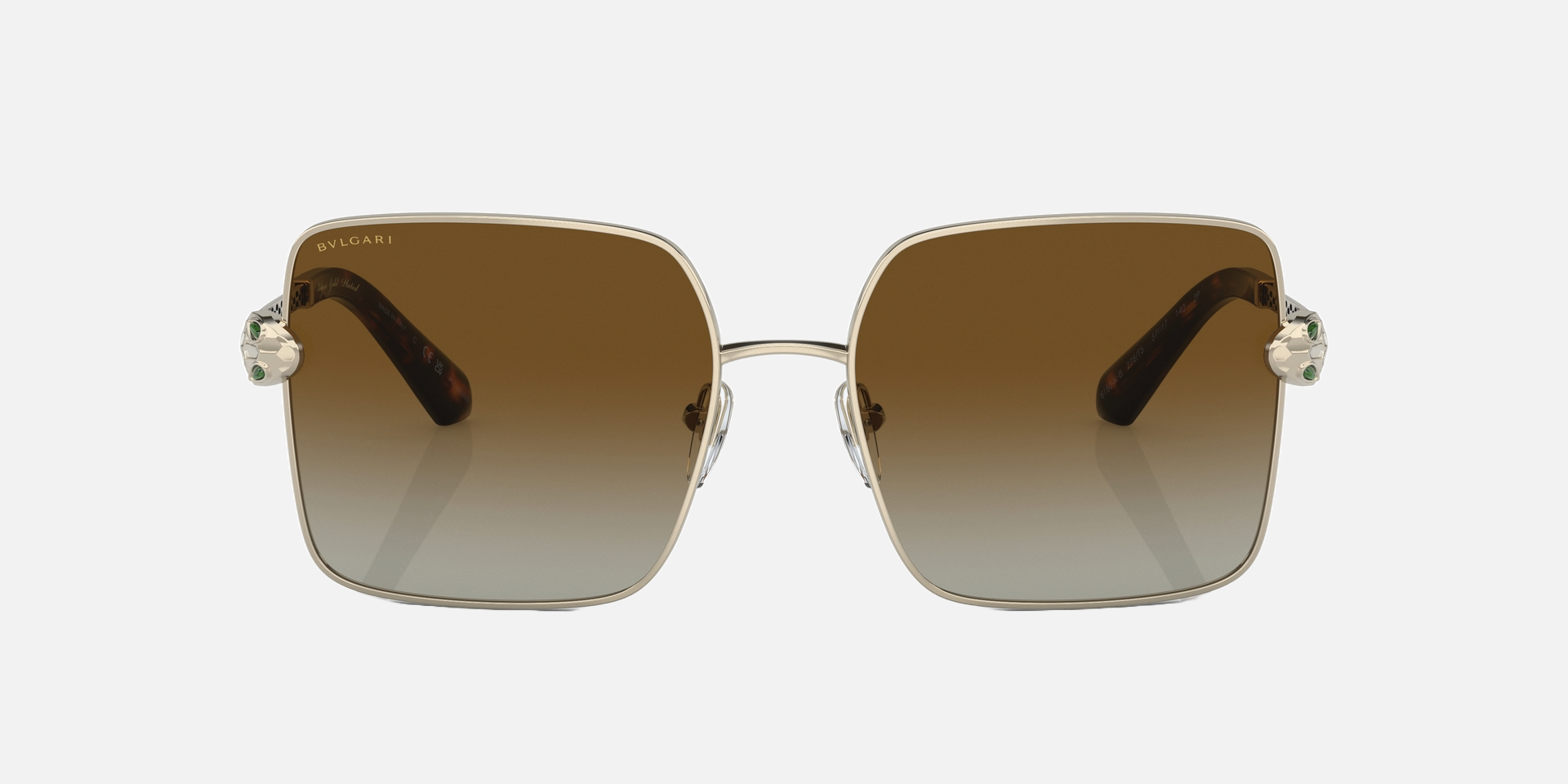 Bvlgari BV6180KB 278/T5 square sunglasses for women in full rim metal, with pale gold plated frame, and brown gradient lenses. 57mm in lens size, 17mm in bridge size, and 140mm in temple length.