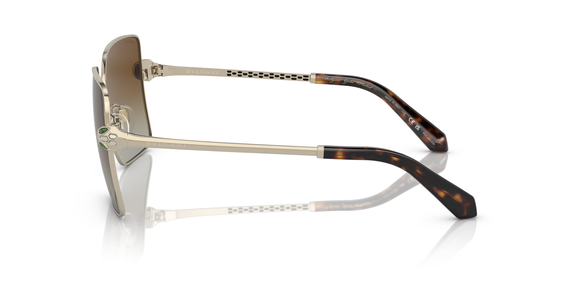 Bvlgari BV6180KB 278/T5 square sunglasses for women in full rim metal, with pale gold plated frame, and brown gradient lenses. 57mm in lens size, 17mm in bridge size, and 140mm in temple length.
