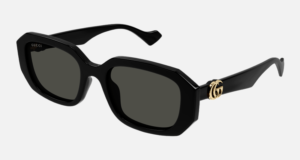 Gucci GG1535S 001 square sunglasses for women in full rim plastic, with black frame, and grey lenses. 54mm in lens size, 20mm in bridge size, and 140mm in temple length.
