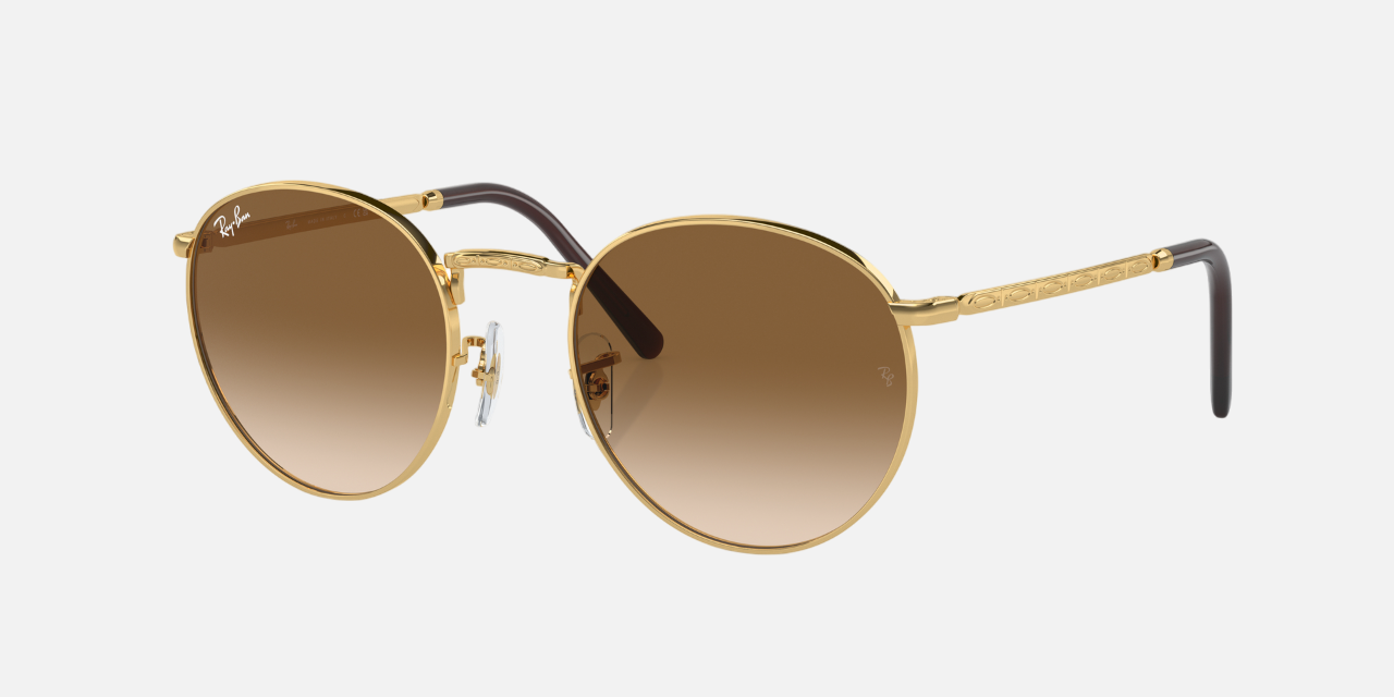 Ray-Ban New Round RB3637 001/51 round sunglasses for unisex in full rim metal, with gold frame, and light brown lenses. 53mm in lens size, 21mm in bridge size, and 140mm in temple length.