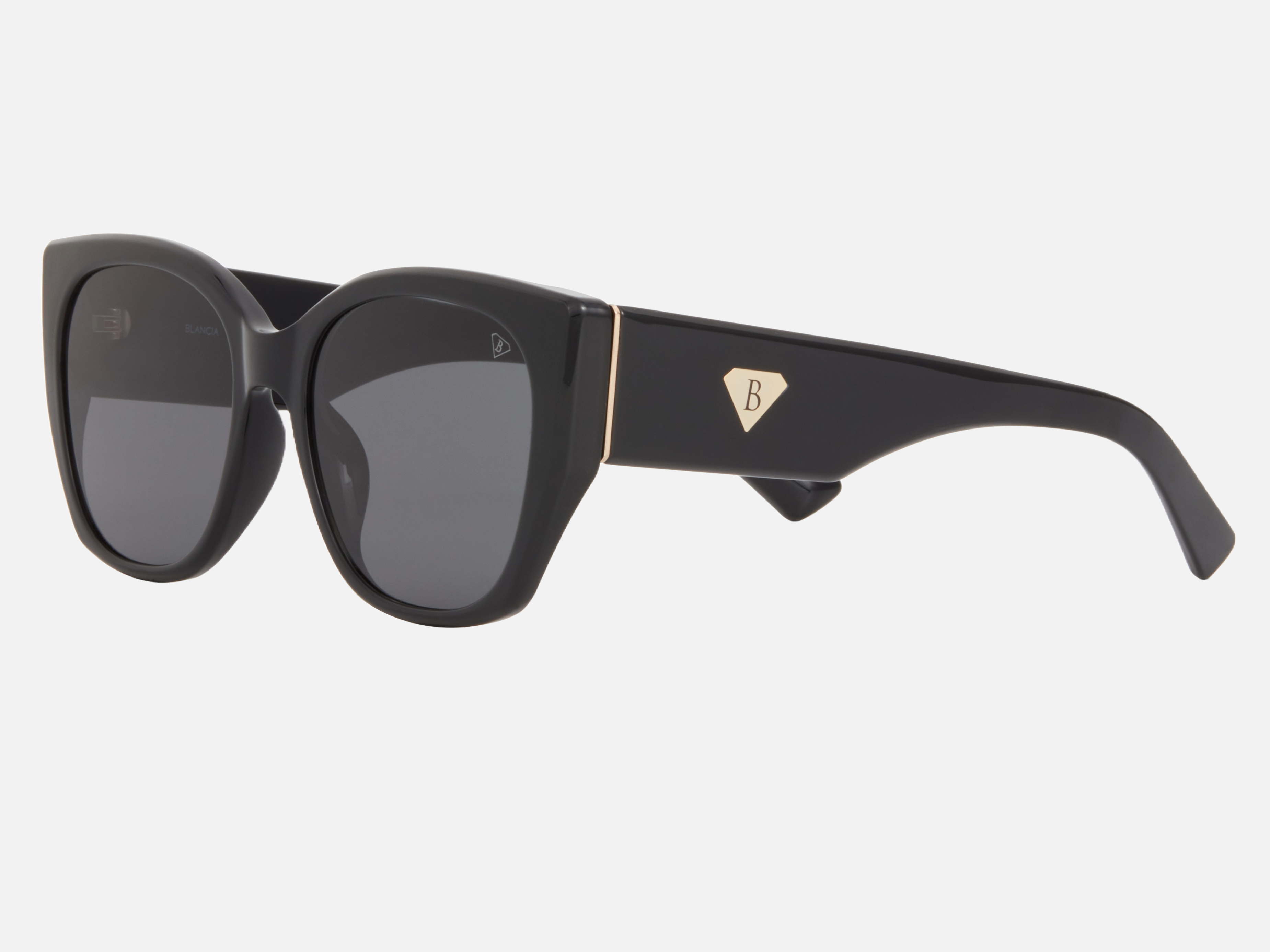 Blancia Milano BC 1302 C1 cat-eye sunglasses for women in full rim plastic, with black frame, and grey lenses. 55mm in lens size, 18mm in bridge size, and 148mm in temple length.