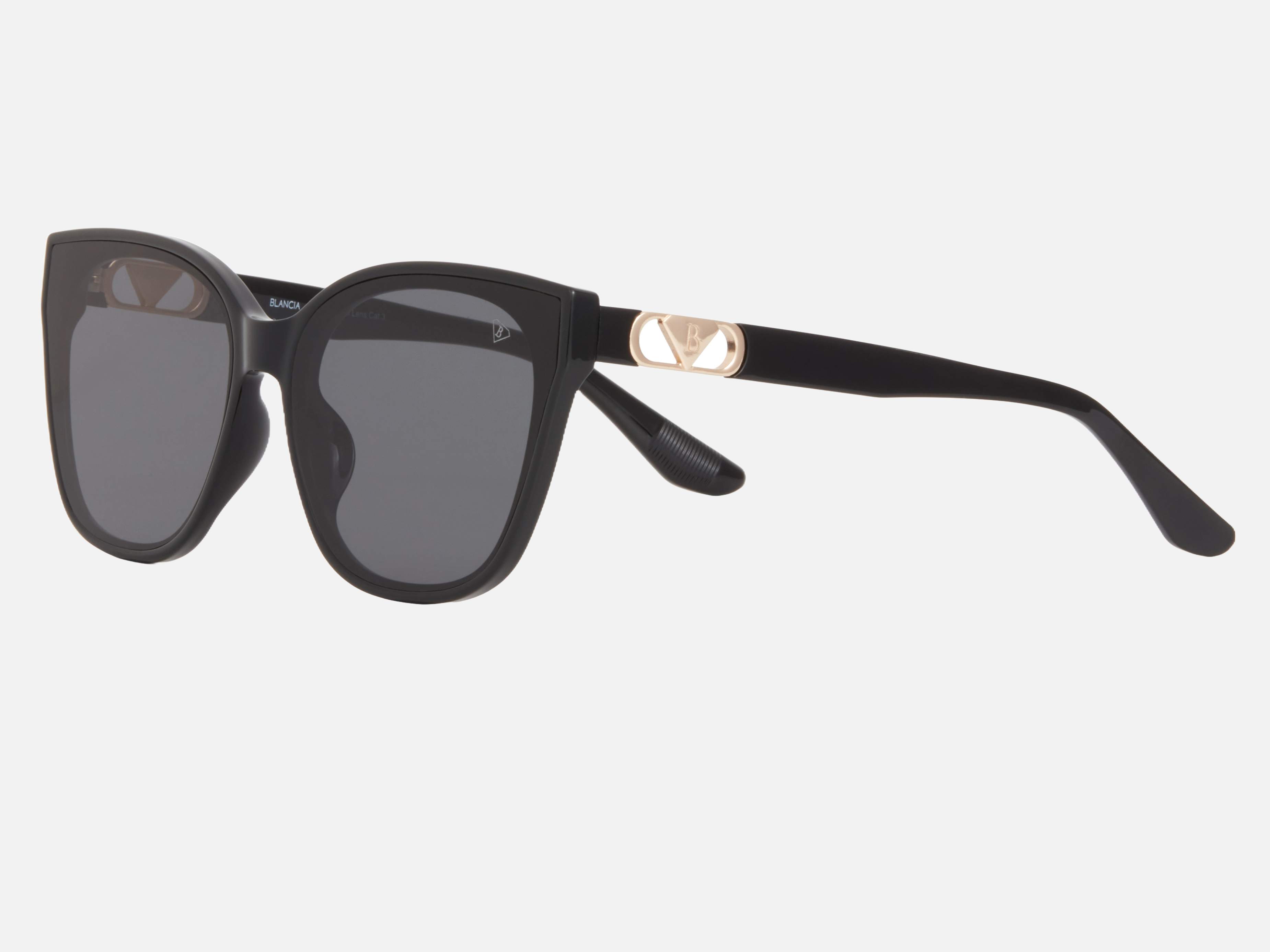 Blancia Milano BC 1303 C1 cat-eye sunglasses for women in full rim plastic, with black frame, and grey lenses. 62mm in lens size, 18mm in bridge size, and 148mm in temple length.