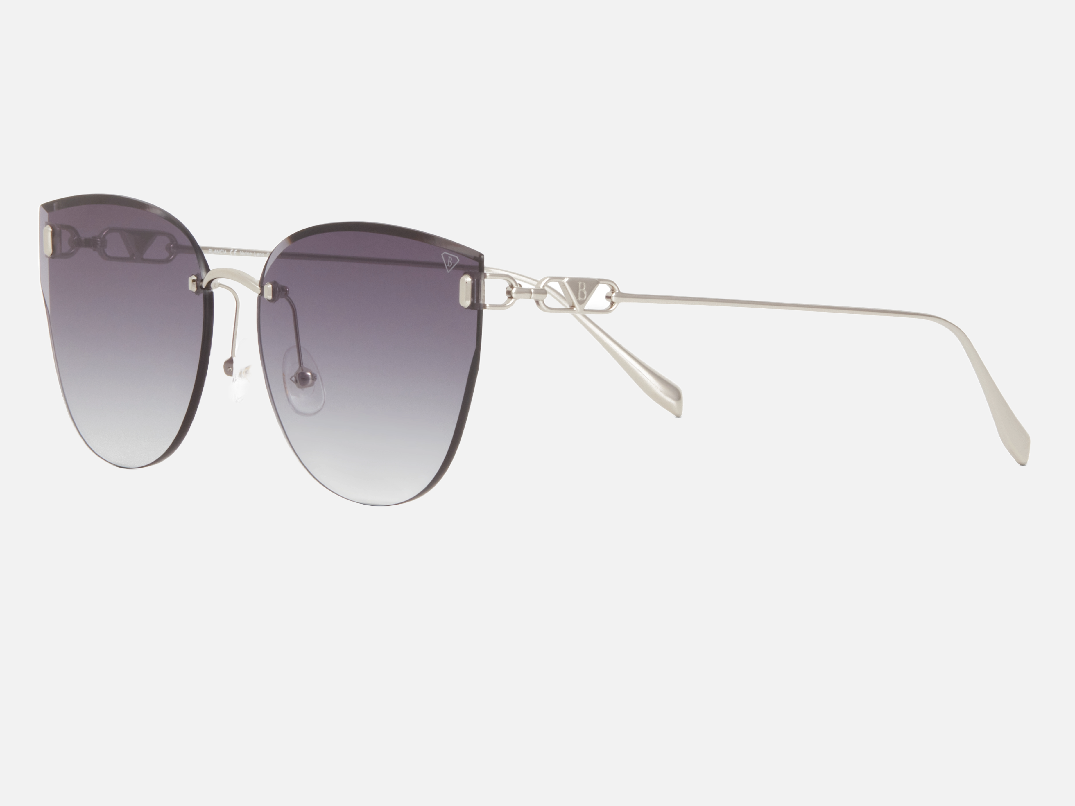 Blancia Milano BC 1305 C2 cat-eye sunglasses for women in rimless metal, with silver frame, and gradient grey lenses. 61mm in lens size, 16mm in bridge size, and 148mm in temple length.