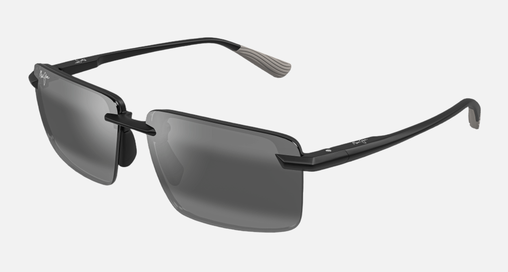 Maui Jim Laulima Asian Fit 02A rectangular sunglasses for unisex in rimless plastic, with matte black frame, and neutral grey lenses. 61mm in lens size, 14mm in bridge size, and 140mm in temple length.