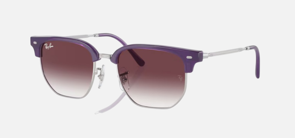 Ray-Ban Junior New Clubmaster RJ9116S 713136 irregular sunglasses for kids in full rim injected, with polished opal violet on silver frame, and grey/violet lenses. 47mm in lens size, 17mm in bridge size, and 125mm in temple length.