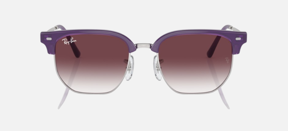 Ray-Ban Junior New Clubmaster RJ9116S 713136 irregular sunglasses for kids in full rim injected, with polished opal violet on silver frame, and grey/violet lenses. 47mm in lens size, 17mm in bridge size, and 125mm in temple length.