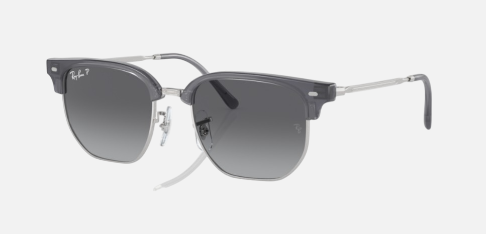 Ray-Ban Junior New Clubmaster RJ9116S 7134T3 irregular sunglasses for kids in full rim injected, with polished opal blue on silver frame, and grey polarized lenses. 47mm in lens size, 17mm in bridge size, and 125mm in temple length.