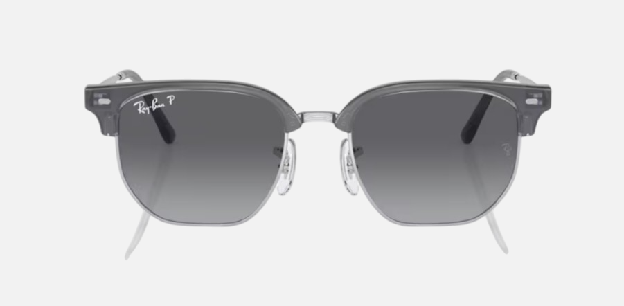 Ray-Ban Junior New Clubmaster RJ9116S 7134T3 irregular sunglasses for kids in full rim injected, with polished opal blue on silver frame, and grey polarized lenses. 47mm in lens size, 17mm in bridge size, and 125mm in temple length.