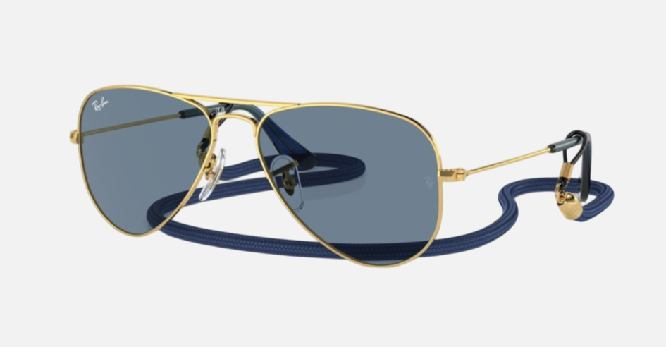 Ray-Ban Junior Aviator Kids RJ9506S 223/1U pilot sunglasses for kids in full rim metal, with polished arista gold
  frame, and light blue mirror lenses. 52mm in lens size, 14mm in bridge size, and 125mm in temple length.