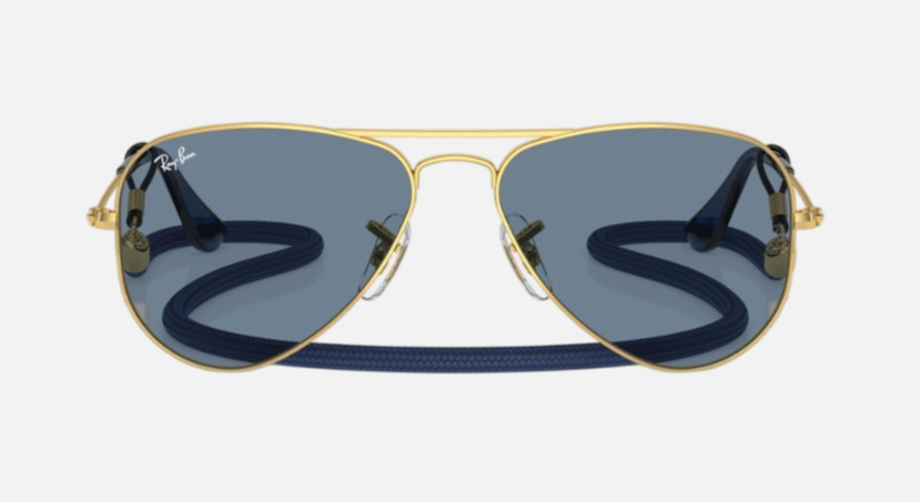 Ray-Ban Junior Aviator Kids RJ9506S 223/1U pilot sunglasses for kids in full rim metal, with polished arista gold
  frame, and light blue mirror lenses. 52mm in lens size, 14mm in bridge size, and 125mm in temple length.