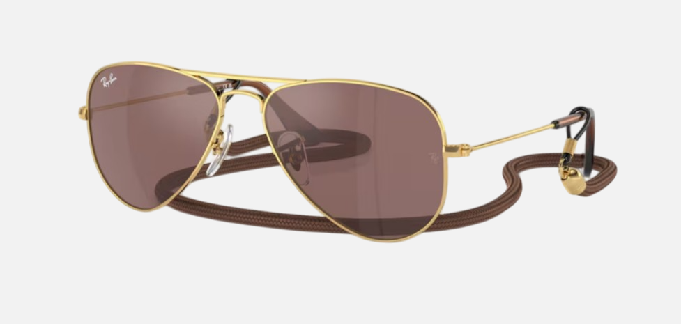 Ray-Ban Junior Aviator Kids RJ9506S 223/6G pilot sunglasses for kids in full rim metal, with polished arista gold frame, and brown mirror silver lenses. 52mm in lens size, 14mm in bridge size, and 125mm in temple length.
