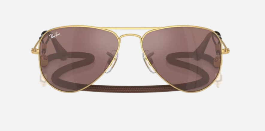 Ray-Ban Junior Aviator Kids RJ9506S 223/6G pilot sunglasses for kids in full rim metal, with polished arista gold frame, and brown mirror silver lenses. 52mm in lens size, 14mm in bridge size, and 125mm in temple length.