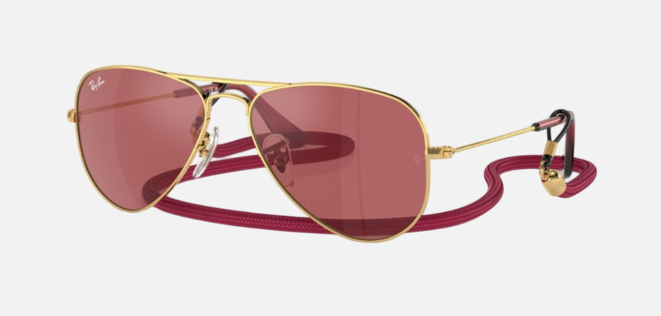 Ray-Ban Junior Aviator Kids RJ9506S 223/B5 pilot sunglasses for kids in full rim metal, with polished arista gold
  frame, and red hiper 8 mirror lenses. 52mm in lens size, 14mm in bridge size, and 125mm in temple length.