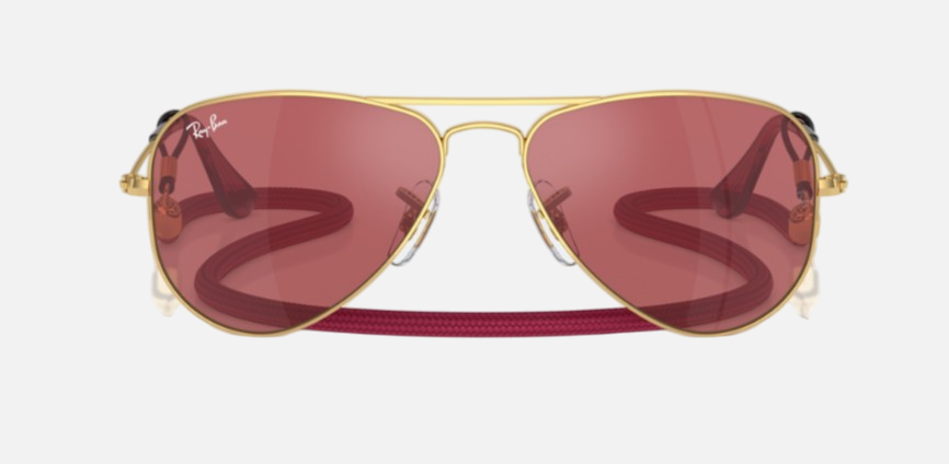Ray-Ban Junior Aviator Kids RJ9506S 223/B5 pilot sunglasses for kids in full rim metal, with polished arista gold
  frame, and red hiper 8 mirror lenses. 52mm in lens size, 14mm in bridge size, and 125mm in temple length.