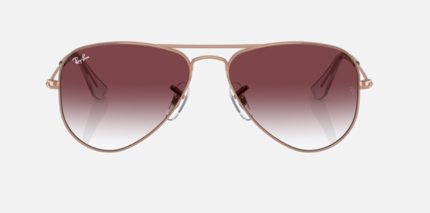 Ray-Ban Junior Aviator Kids RJ9506S 291/8H pilot sunglasses for kids in full rim metal, with polished rose gold frame, and gradient dark violet lenses. 52mm in lens size, 14mm in bridge size, and 125mm in temple length.