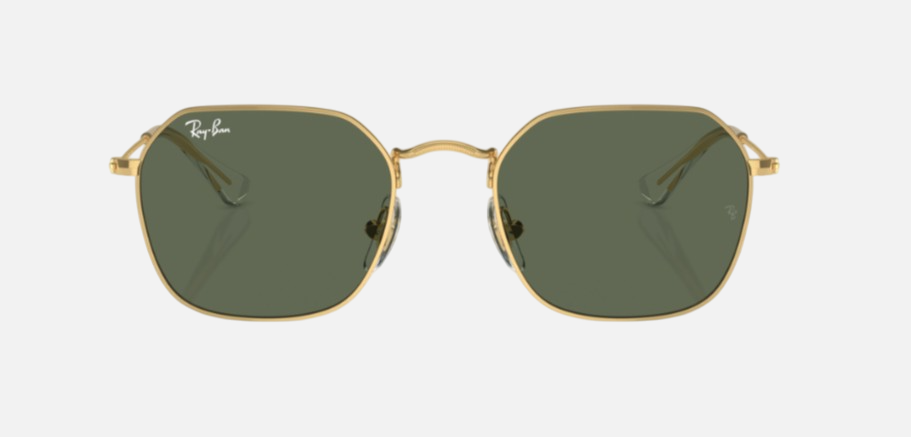 Ray-Ban Junior RJ9594S 223/71 irregular sunglasses for kids in full rim metal, with gold frame, and dark green lenses. 49mm in lens size, 19mm in bridge size, and 130mm in temple length.