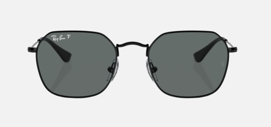 Ray-Ban Junior RJ9594S 287/81 irregular sunglasses for kids in full rim metal, with polished black frame, and dark grey polarized lenses. 49mm in lens size, 19mm in bridge size, and 130mm in temple length.