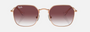 Ray-Ban Junior RJ9594S 291/8H irregular sunglasses for kids in full rim metal, with polished rose gold frame, and clear & dark violet lenses. 49mm in lens size, 19mm in bridge size, and 130mm in temple length.