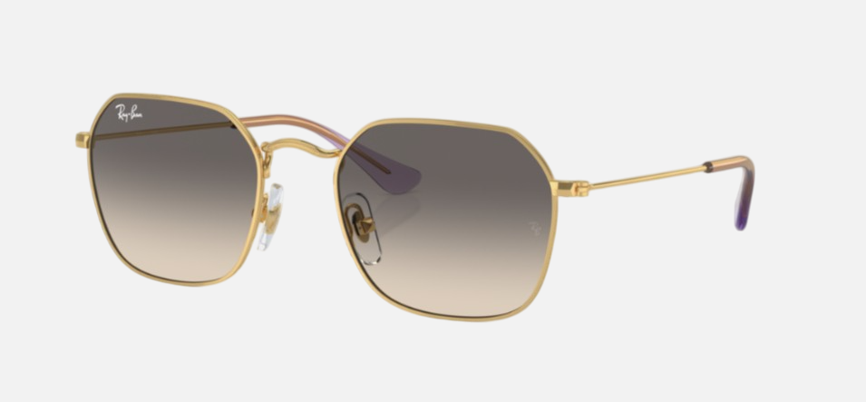 Ray-Ban Junior RJ9594S 292/11 irregular sunglasses for kids in full rim metal, with gold frame, and grey lenses. 49mm in lens size, 19mm in bridge size, and 130mm in temple length.