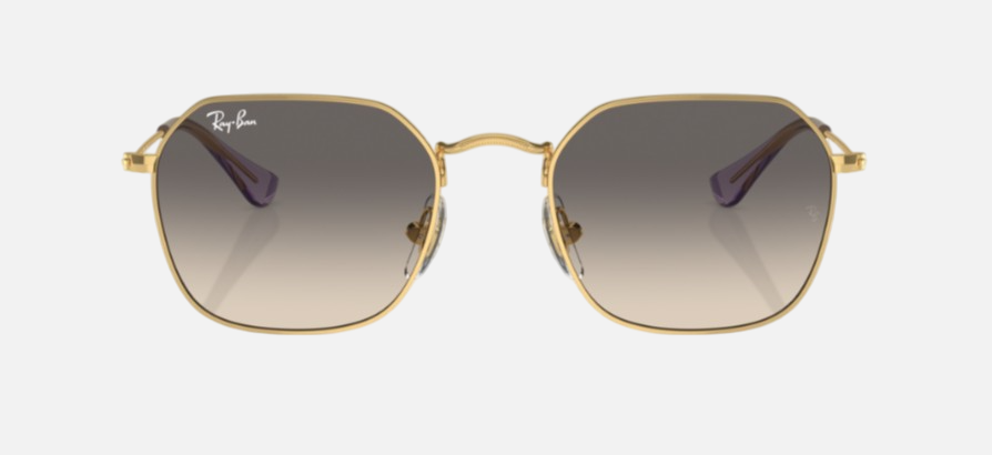 Ray-Ban Junior RJ9594S 292/11 irregular sunglasses for kids in full rim metal, with gold frame, and grey lenses. 49mm in lens size, 19mm in bridge size, and 130mm in temple length.
