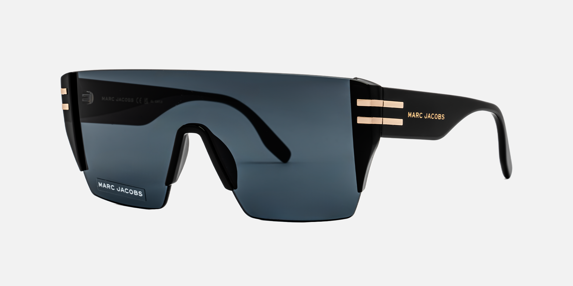 Marc Jacobs Marc 712/S 807/IR mask sunglasses for men in rimless plastic, with black frame, and solid dark grey lenses. 99mm in lens size, 1mm in bridge size, and 145mm in temple length.