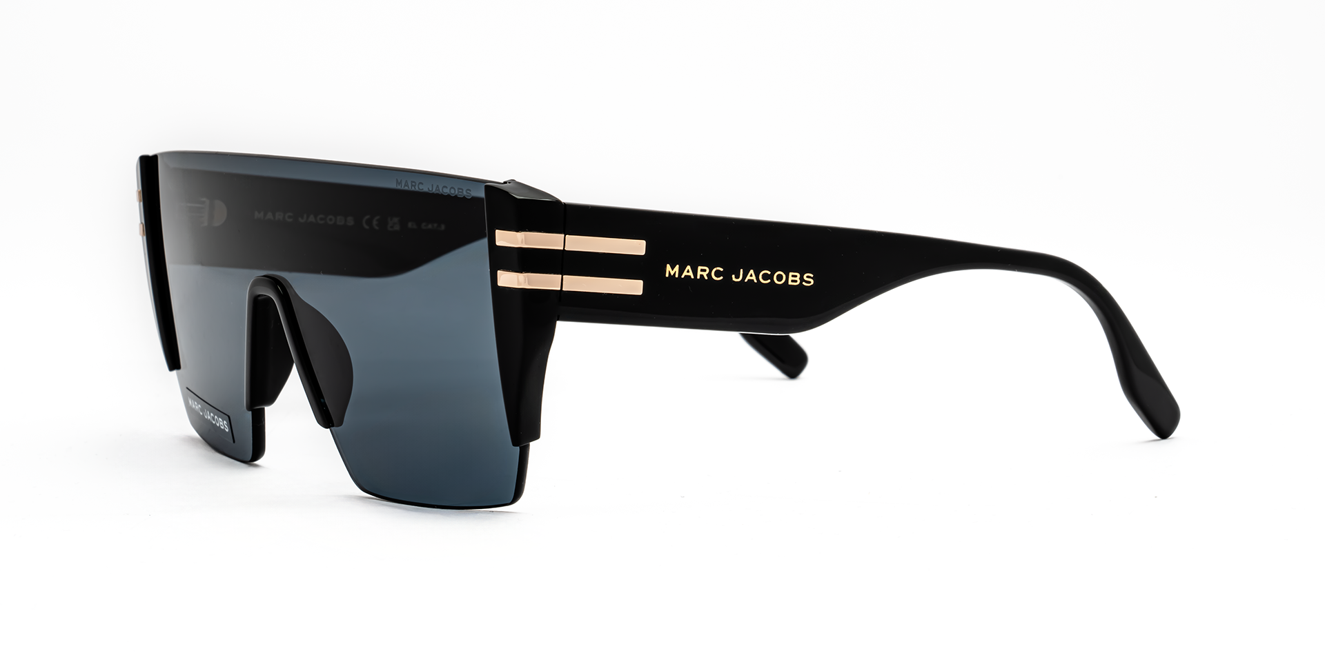Marc Jacobs Marc 712/S 807/IR mask sunglasses for men in rimless plastic, with black frame, and solid dark grey lenses. 99mm in lens size, 1mm in bridge size, and 145mm in temple length.