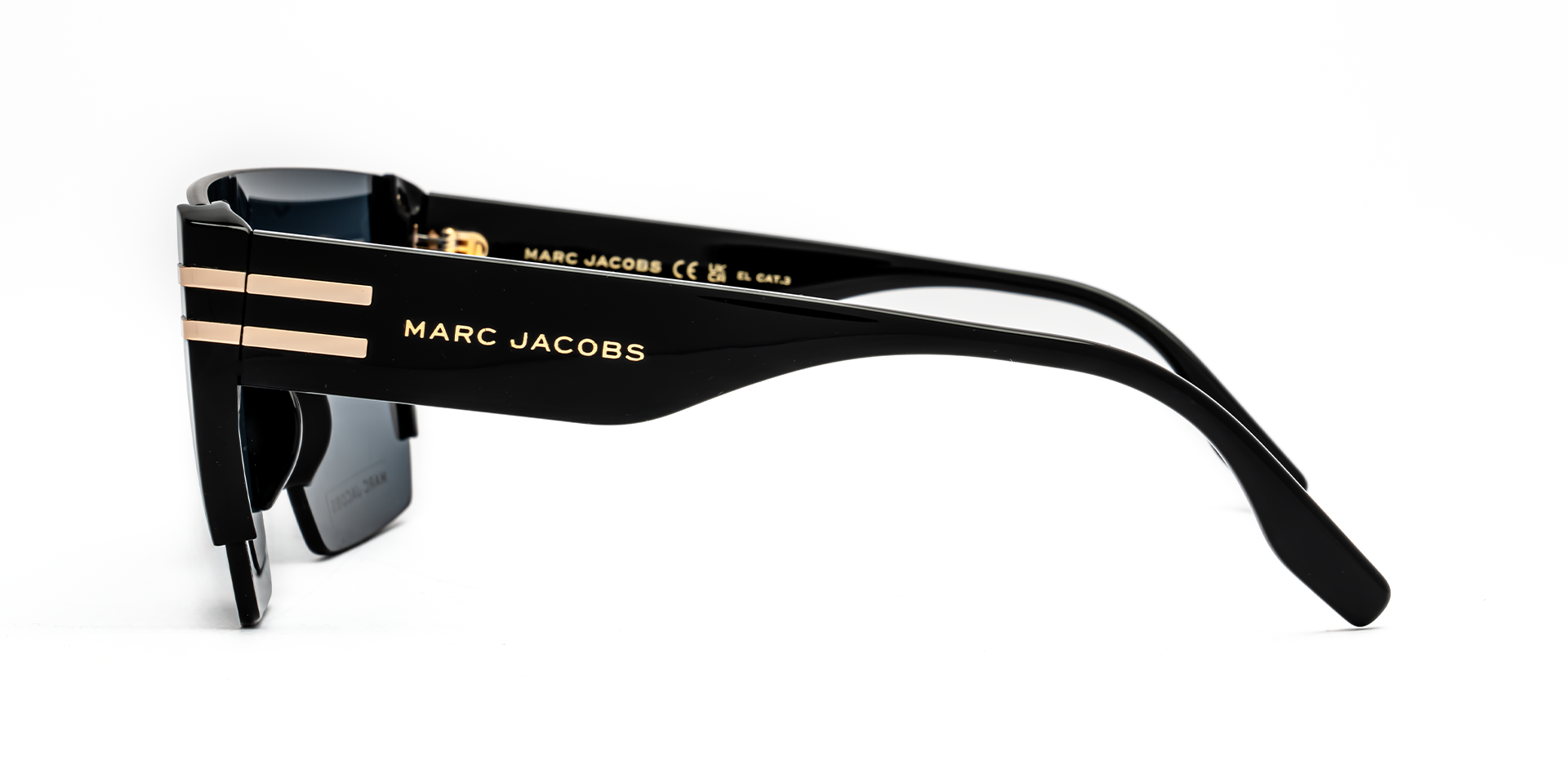 Marc Jacobs Marc 712/S 807/IR mask sunglasses for men in rimless plastic, with black frame, and solid dark grey lenses. 99mm in lens size, 1mm in bridge size, and 145mm in temple length.