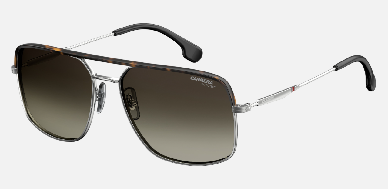 Carrera 152/S 6LB pilot sunglasses for men in full rim metal, with black havana frame, and gradient grey lenses. 60mm in lens size, 17mm in bridge size, and 145mm in temple length.