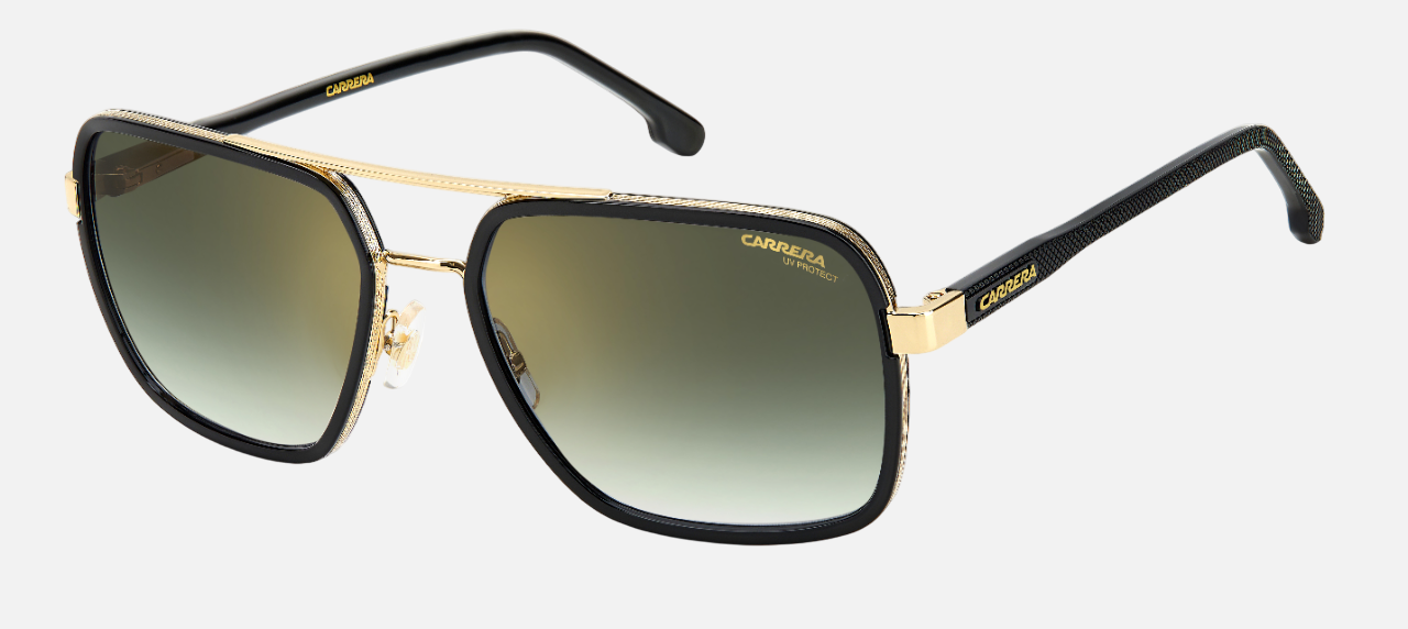 Carrera 256/S RHL rectangular sunglasses for men in full rim metal, with black gold frame, and gradient green lenses. 58mm in lens size, 18mm in bridge size, and 140mm in temple length.
