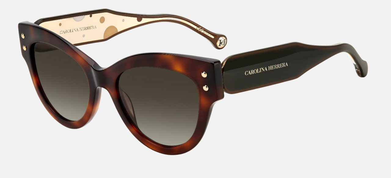Carolina Herrera CH 0009/S 05L cat-eye sunglasses for women in full rim plastic, with havana frame, and gradient grey lenses. 54mm in lens size, 19mm in bridge size, and 145mm in temple length.