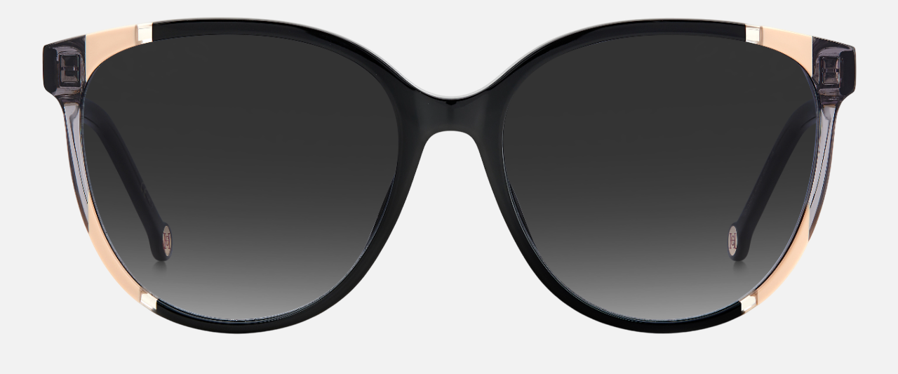 Carolina Herrera CH 0063/S KDX oval sunglasses for women in full rim plastic, with black nude frame, and gradient grey lenses. 58mm in lens size, 17mm in bridge size, and 145mm in temple length.