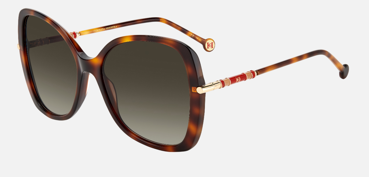 Carolina Herrera CH 0025/S 05L butterfly sunglasses for women in full rim plastic, with havana frame, and gradient grey lenses. 58mm in lens size, 18mm in bridge size, and 145mm in temple length.